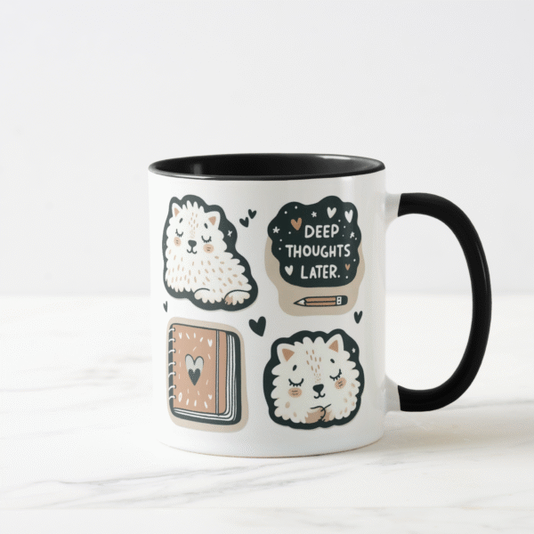 Fluffy White Sheep - "Deep Thoughts Later" Cute Journal & Hearts Design - Mug
